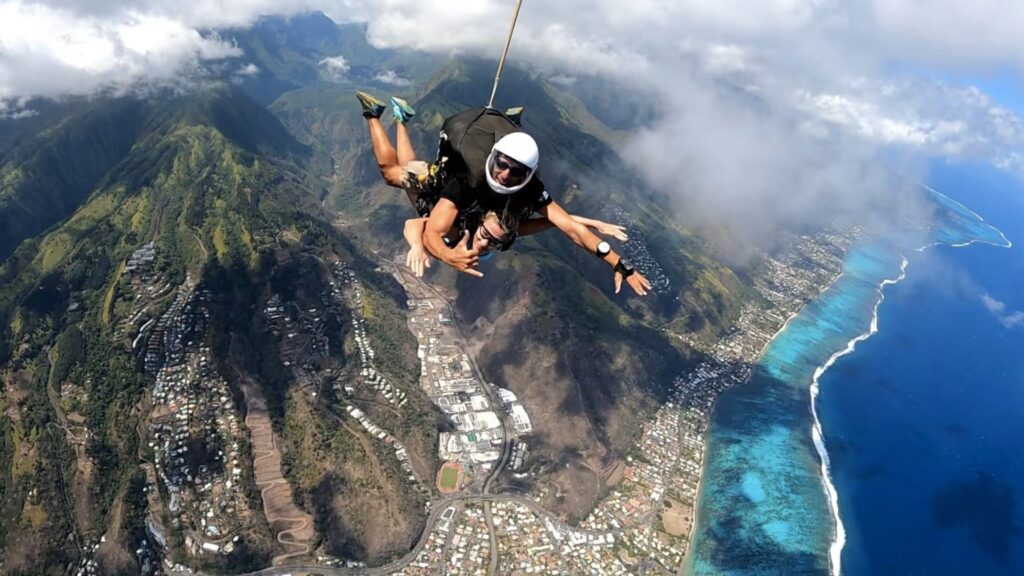 Collage showing diverse skydiving locations - mountains, beaches, deserts, and cities