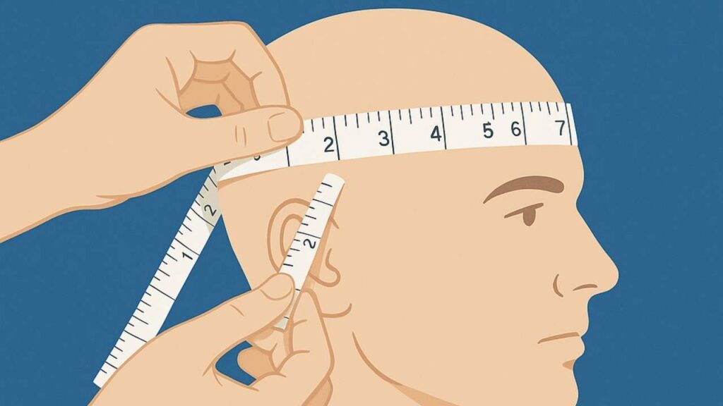 Diagram showing proper helmet measurement technique and fit indicators