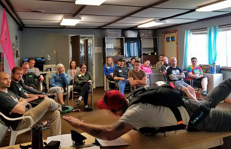 Ground school classroom with students practicing emergency procedures