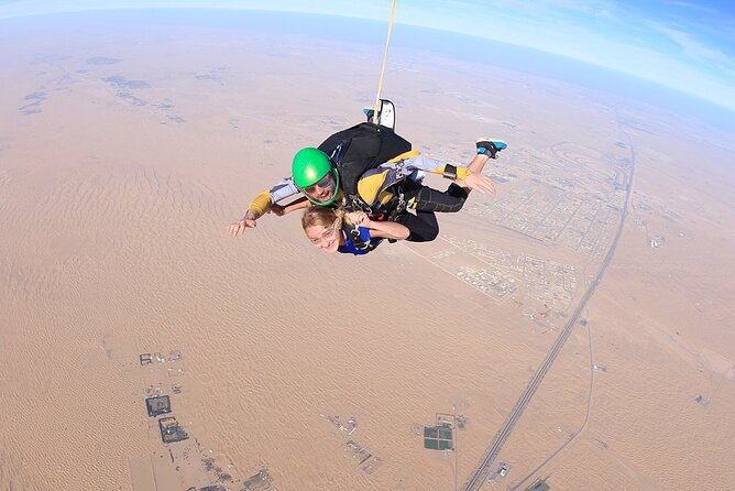 Aerial view of Skydive Dubai Desert Dropzone facility with desert landscape surrounding