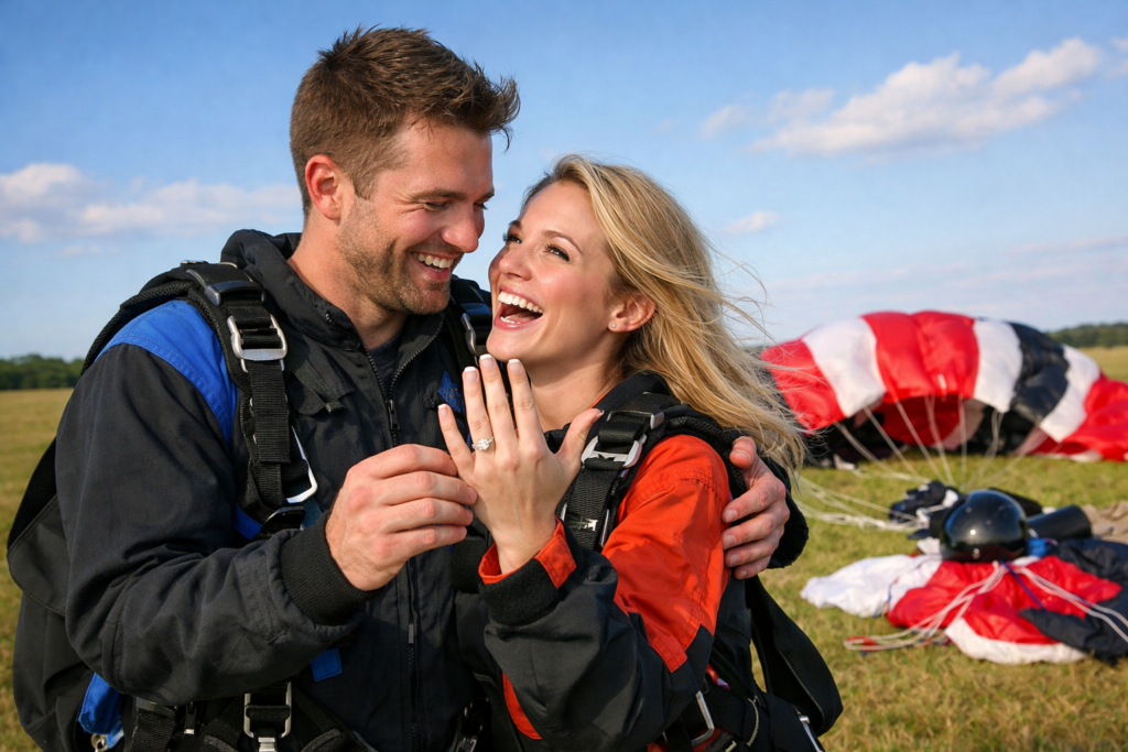 Couple celebrating engagement immediately after landing, with parachutes visible in background