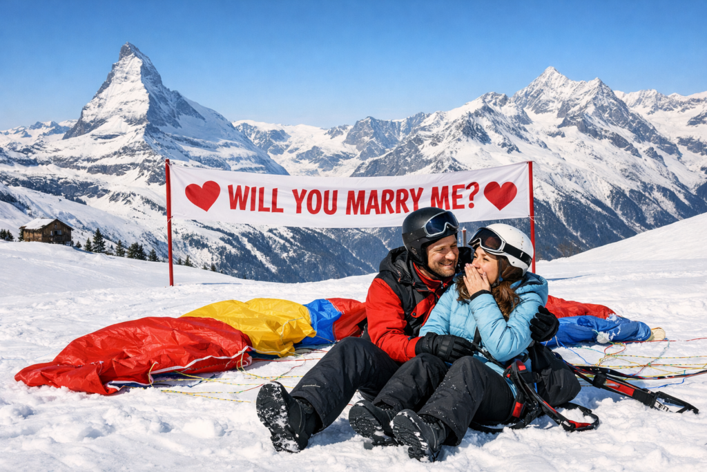 Couple landing in snow with Swiss mountain peaks in background, proposal banner visible