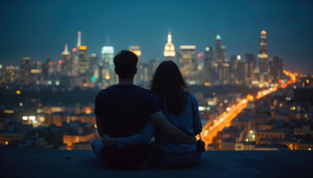 Couple on urban rooftop adventure course with city skyline and roses